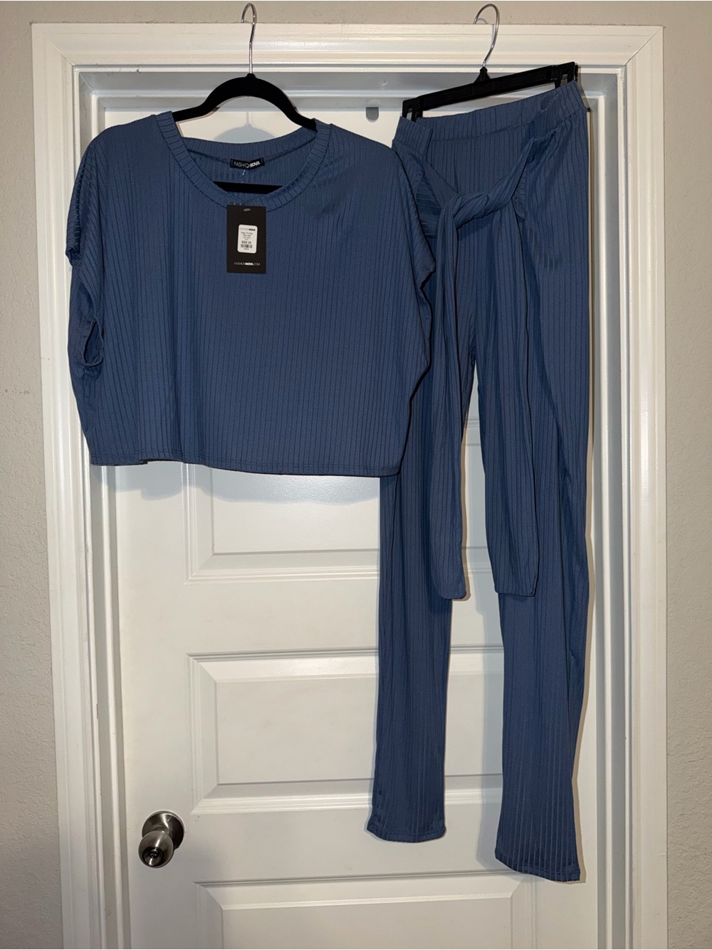 Fashion Nova Ribbed Crop Top and Tie-Waist Pants Set in Slate Blue
